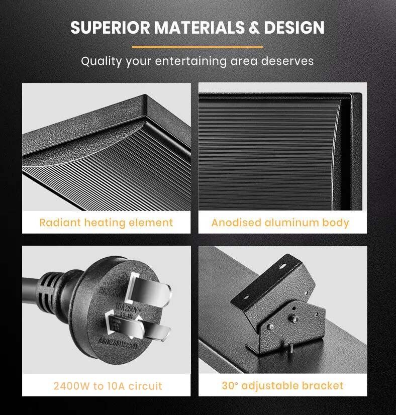 2 x BIO 2400W Outdoor Strip Heater, Radiant Electric Slimline Heat Bar Panel, 10A Plug