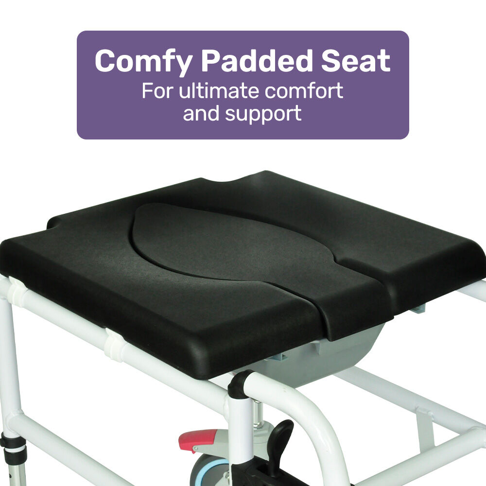 Equipmed Commode Shower Chair, Over Toilet or Bedside 136kg Capacity Aluminium frame with Wheels, Black