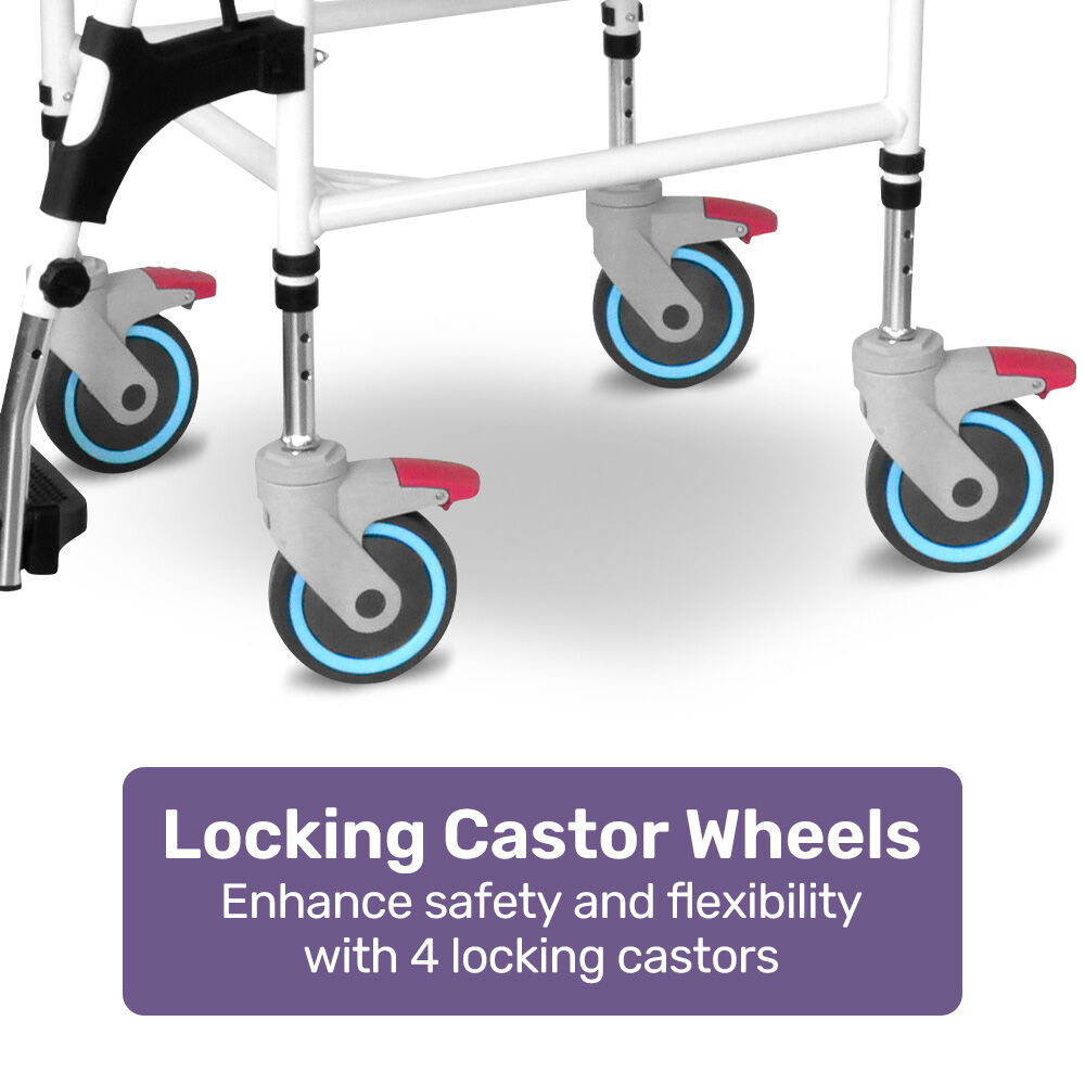 Equipmed Commode Shower Chair, Over Toilet or Bedside 136kg Capacity Aluminium frame with Wheels, Black