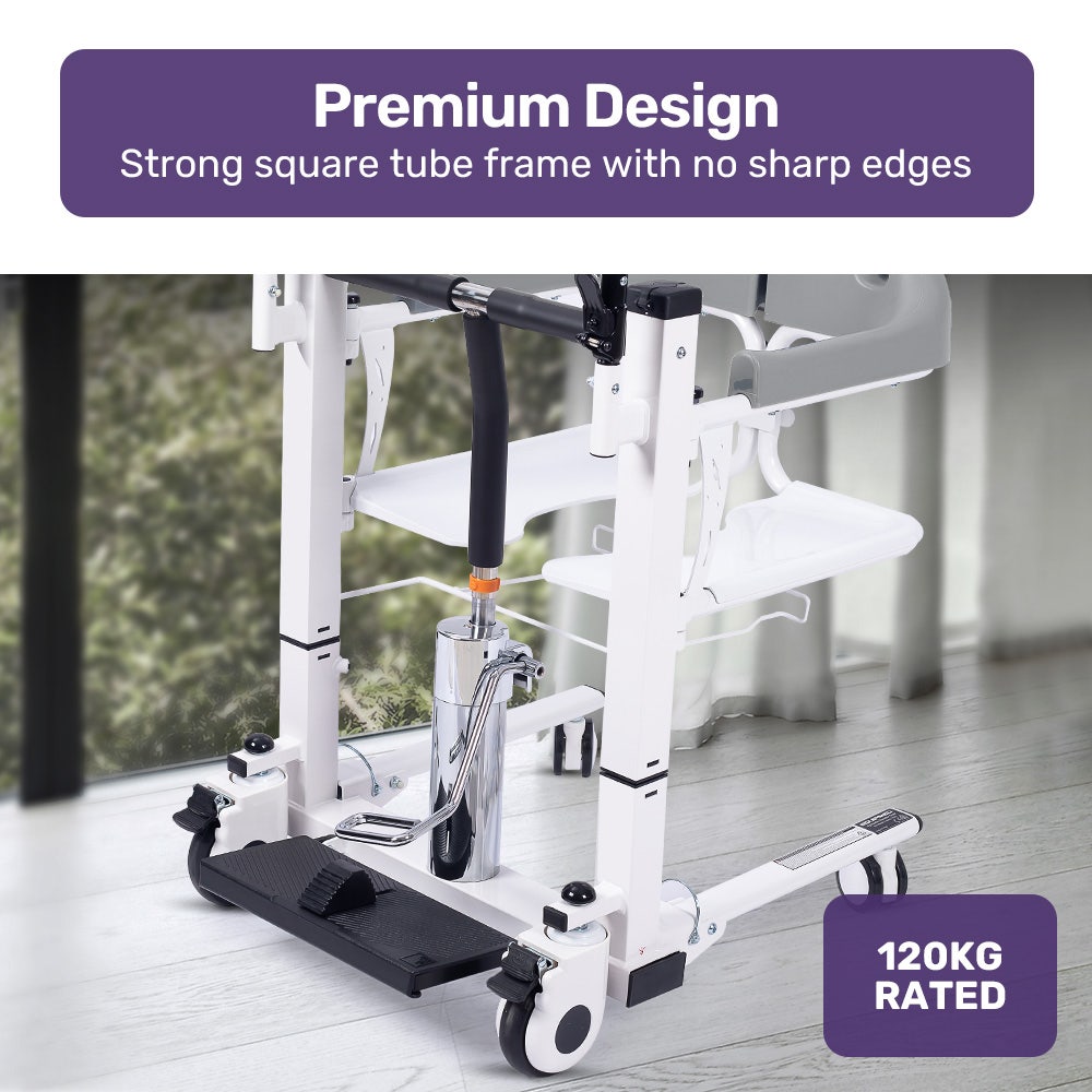 Equipmed Patient Lift Transfer Chair, Easy Hydraulic Height Adjustment, Shower Compatible, Over Toilet, Removable Commode, for Seniors Elderly Disabled