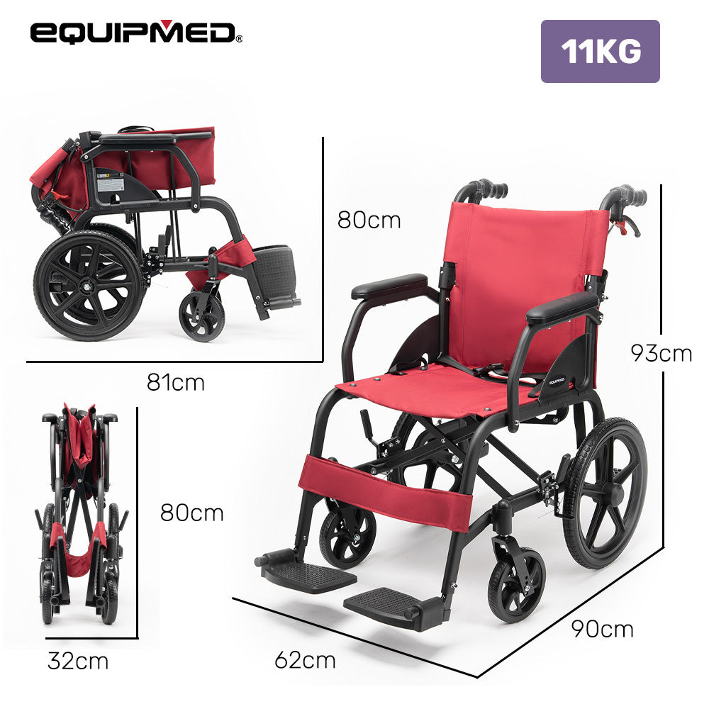 Equipmed Folding Transit Wheelchair, Lightweight Aluminium for Easy Transport, Crimson Red