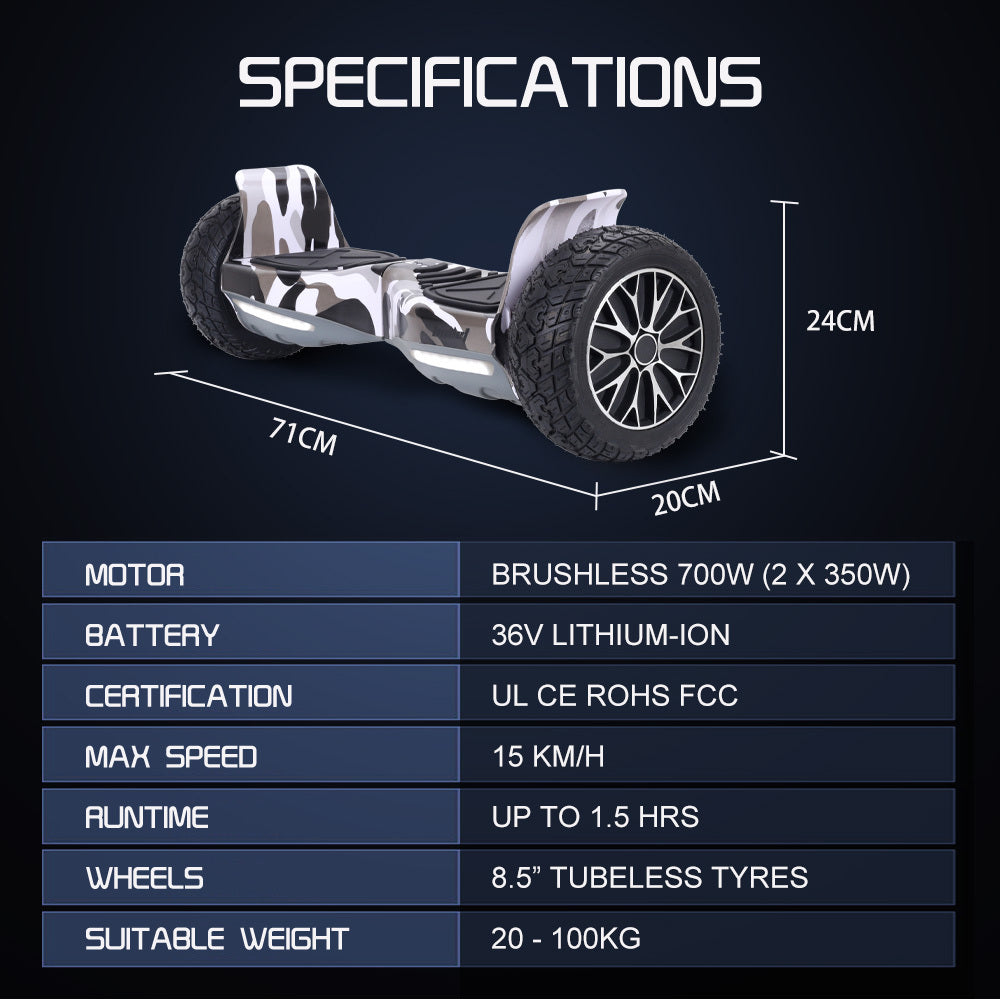 BULLET SX-4000 Hoverboard Scooter, 8.5" Wheels, 700W Brushless, Superior Self Balancing System, UL Certified, LED Lights, Carry Bag, Camo