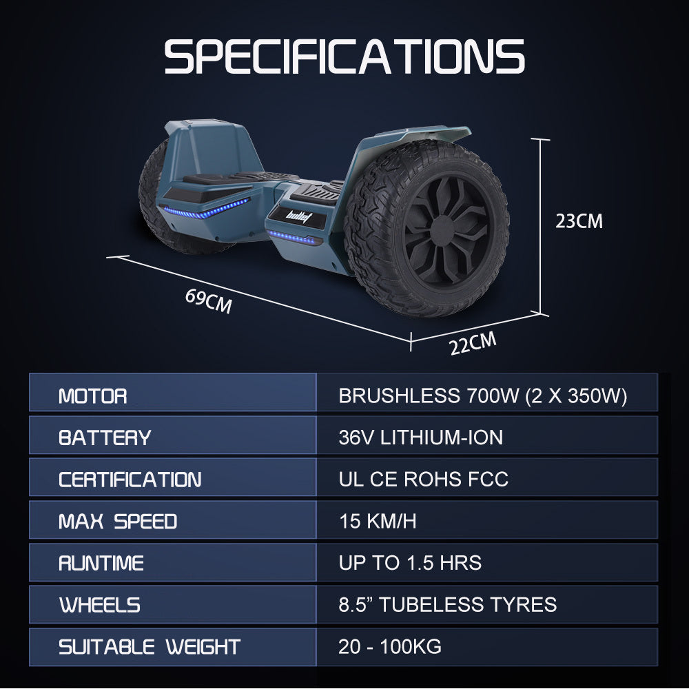 BULLET SX-4500 Hoverboard Scooter, 700W Brushless, UL Certified, AU Compliant, 8.5" Wheels, Superior Self Balancing System, LED Lights, Carry Bag, Navy Blue