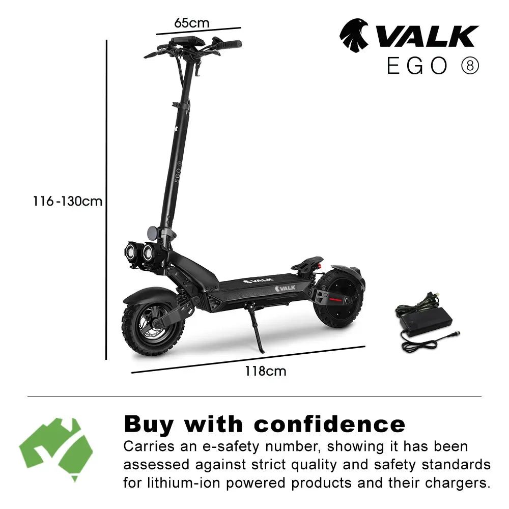 VALK Ego 8 Electric Scooter, 500W, AU Compliant, 48V 13Ah, 55km Max Range, eScooter for Adults, Foldable, Off Road, Black