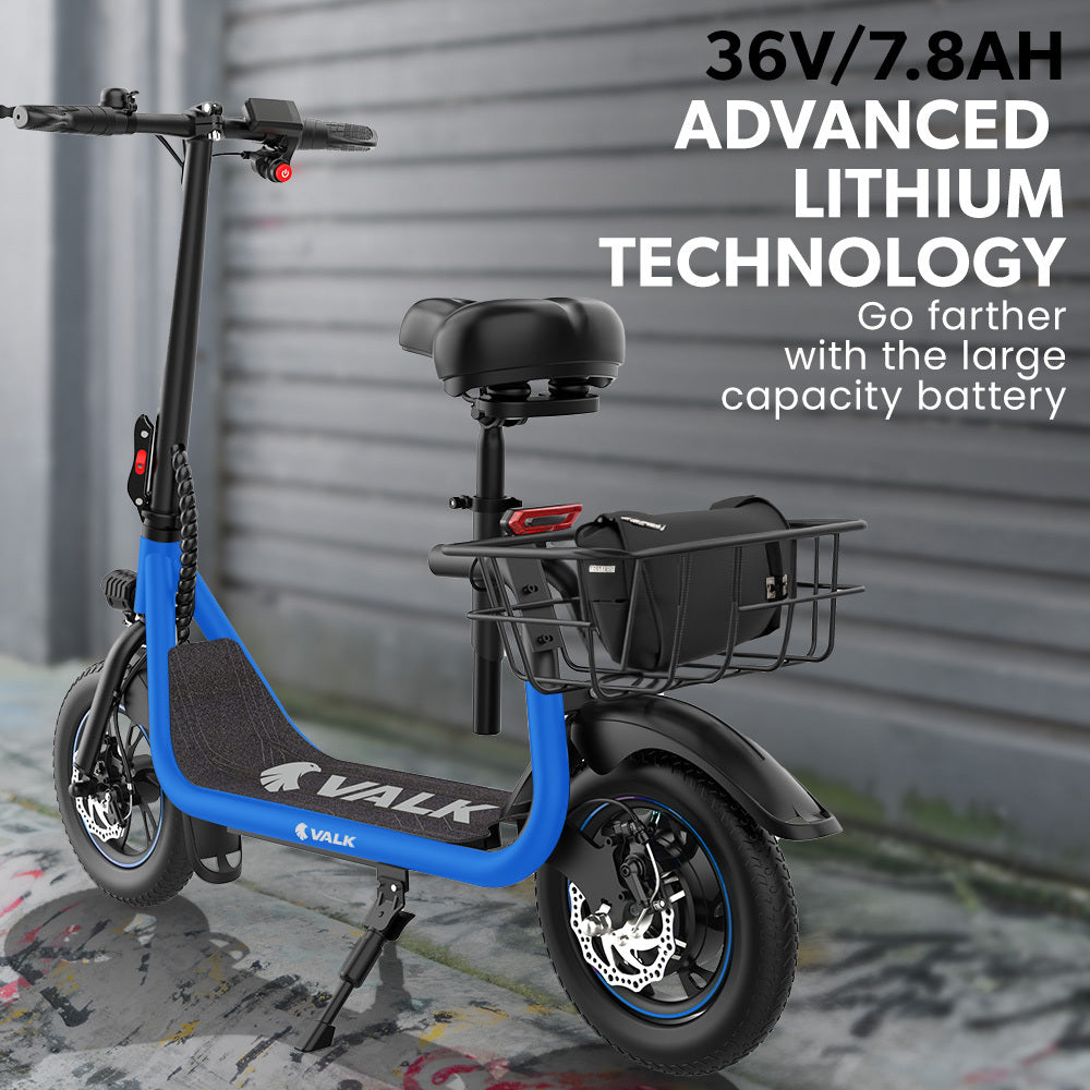 VALK Electric Scooter with Seat, Disc brakes, 12" Tyres, Motorised eScooter for Adults Teens Commuter, Blue