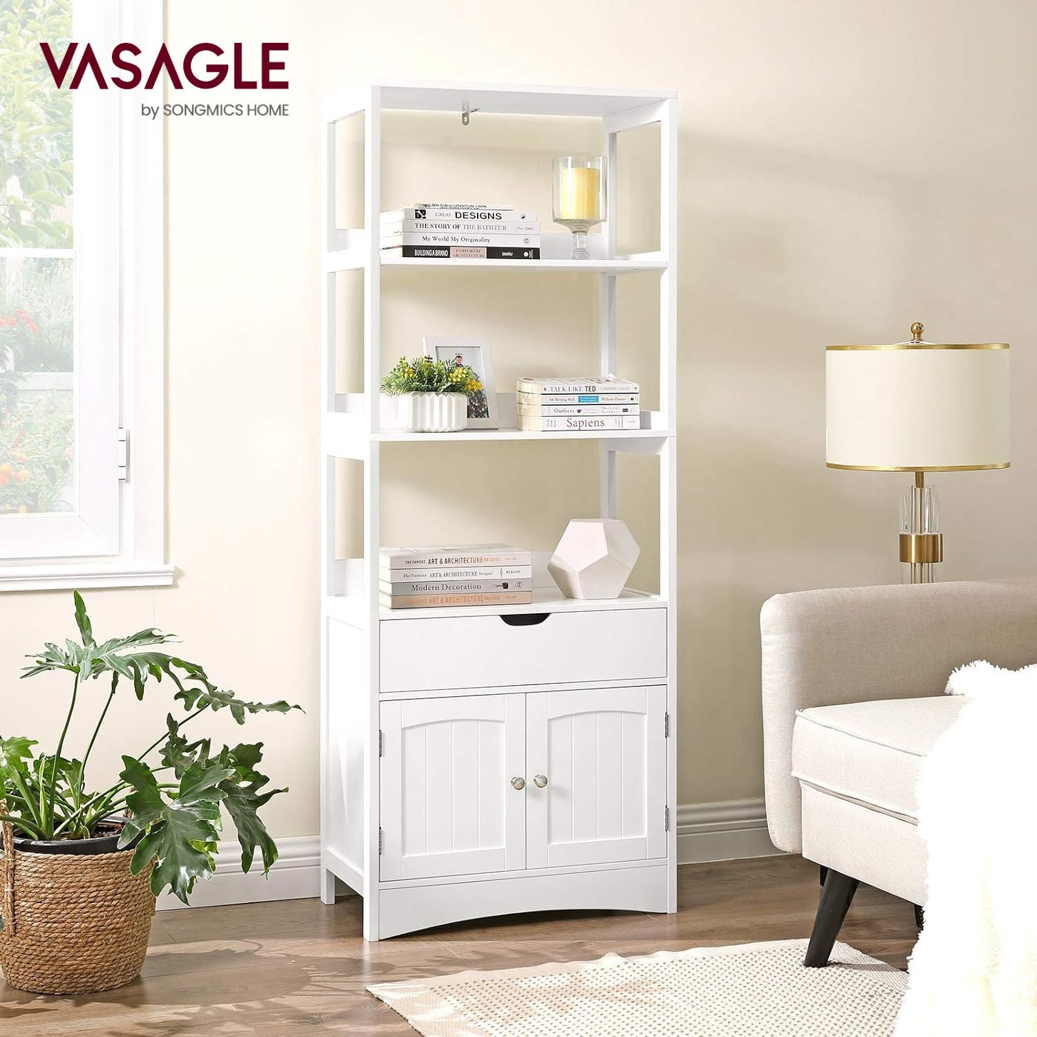 VASAGLE Floor Cabinet with Drawer 3 Open Shelves and Double Doors White BBC67WT