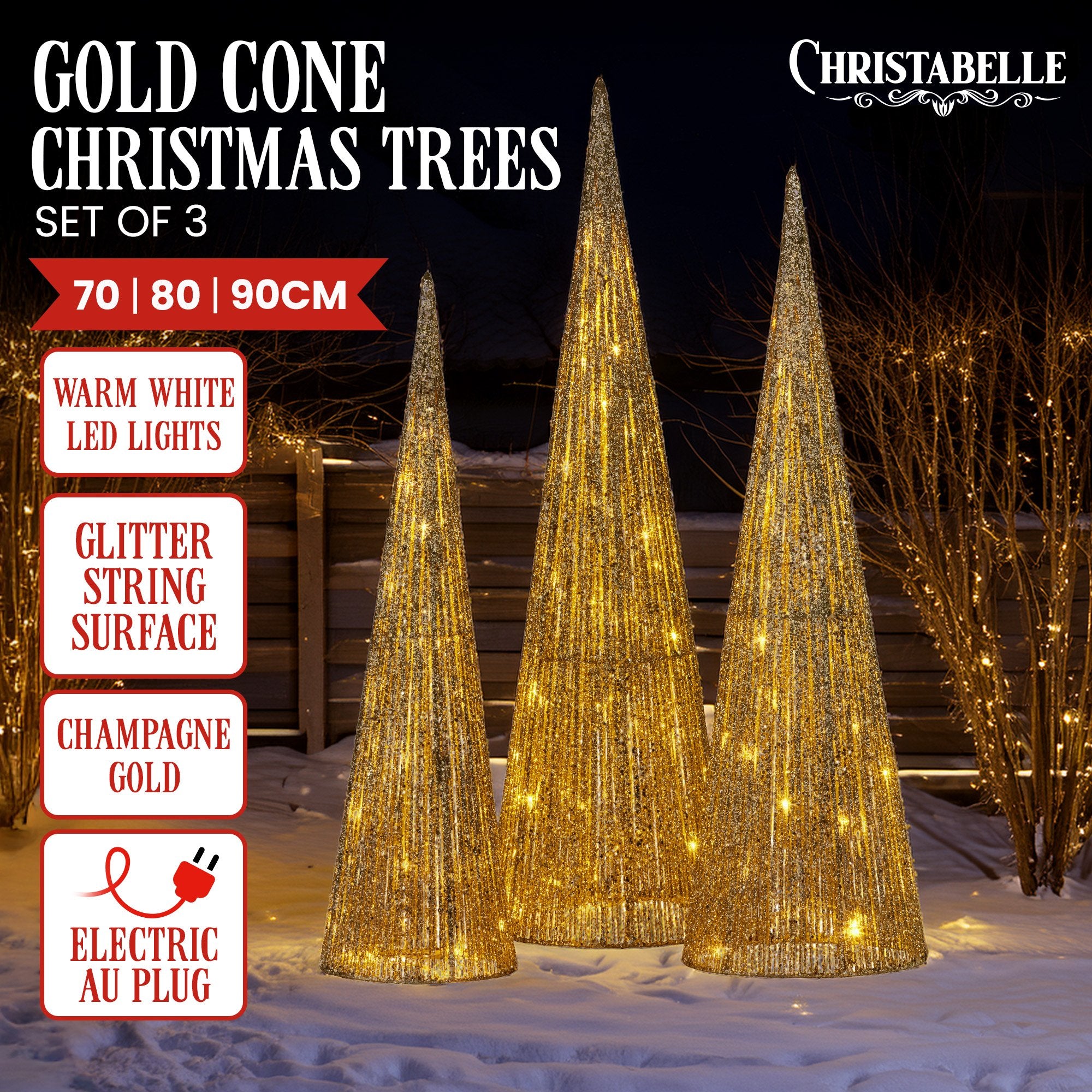 Christabelle Pre-lit Gold Cone Christmas Trees Set Of 3 Warm White Led Lights