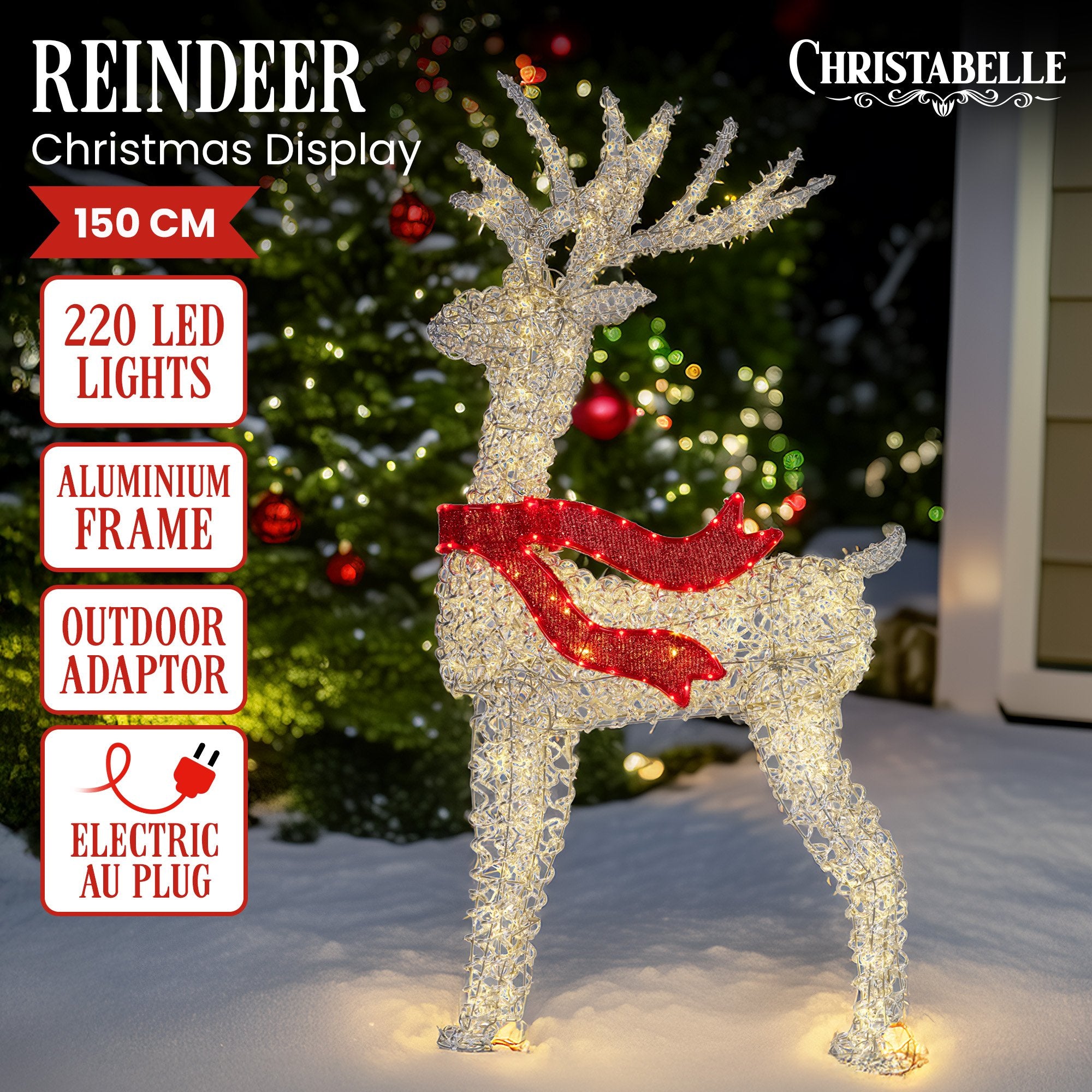 Christabelle 150cm Christmas Reindeer Display Led Lights Red Bow Aluminium Frame