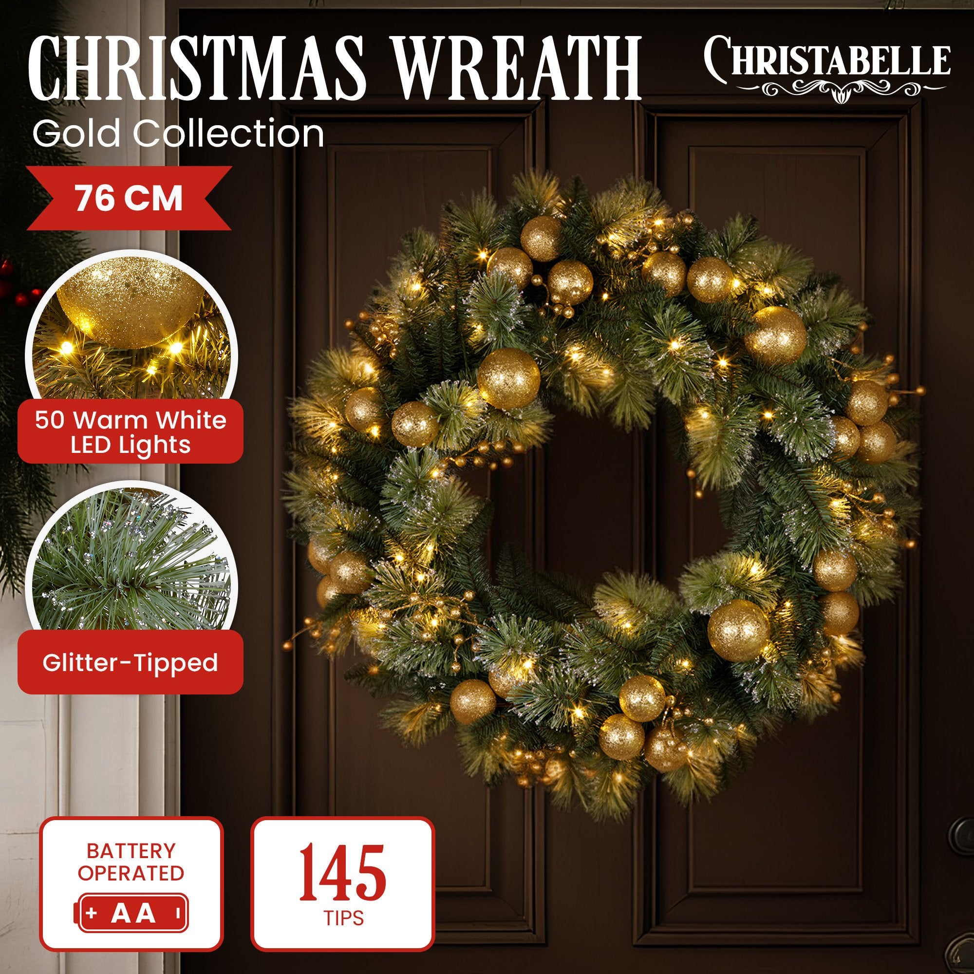 Christabelle 76cm Christmas Wreath Battery-operated Warm White Lights Xmas Decor