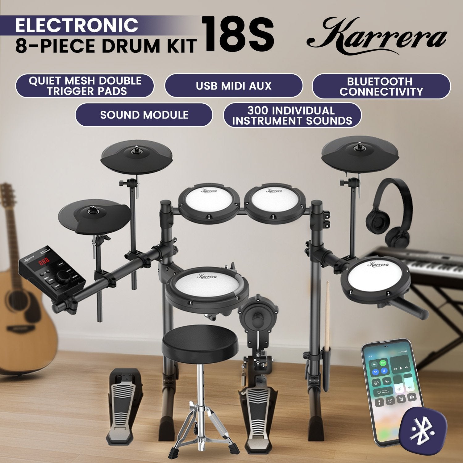 Karrera 18S Electronic Drum Kit Mesh Pads 8in Snare Bluetooth Sounds USB/MIDI Output Kick Pedals Drum Coach & Metronome