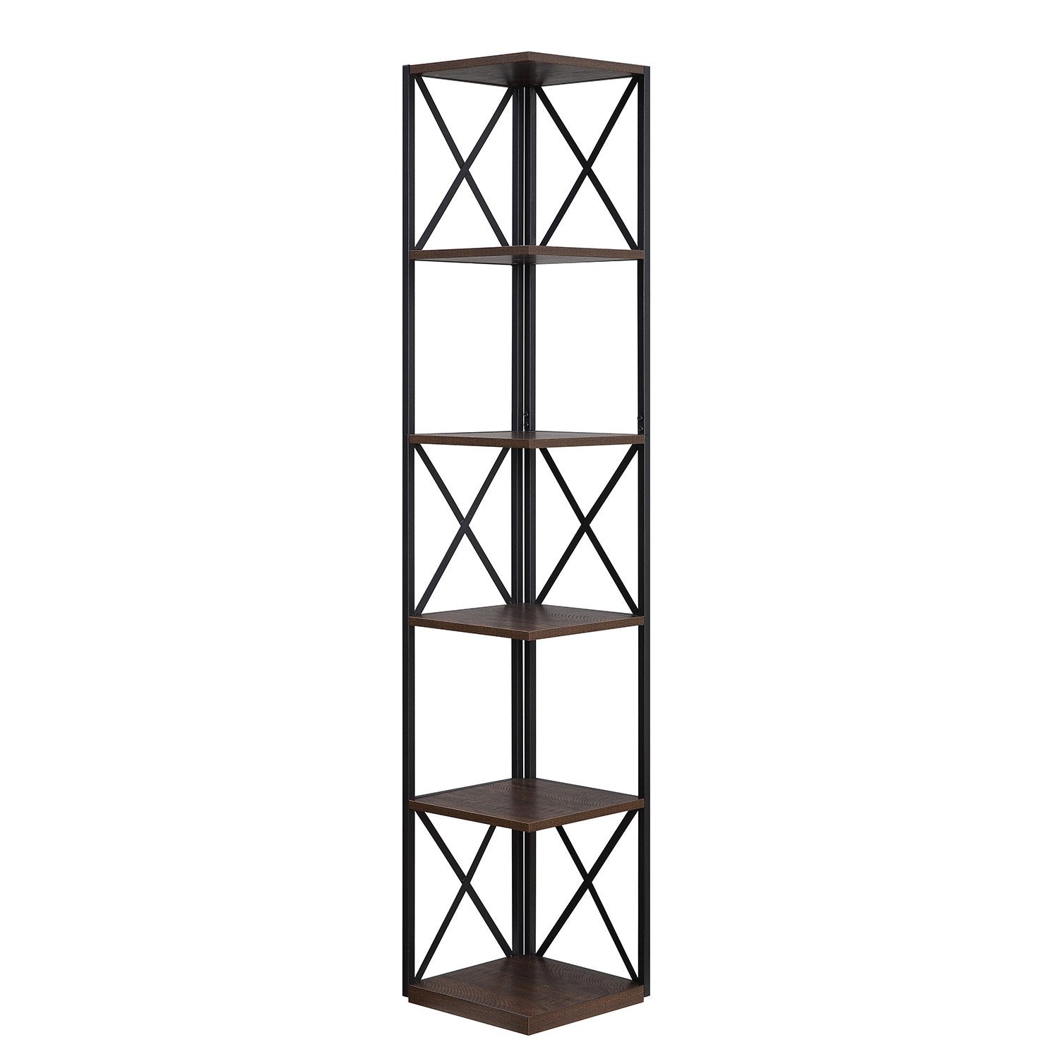Sarantino Nora 5-Tier Corner Bookshelf in Walnut/Black
