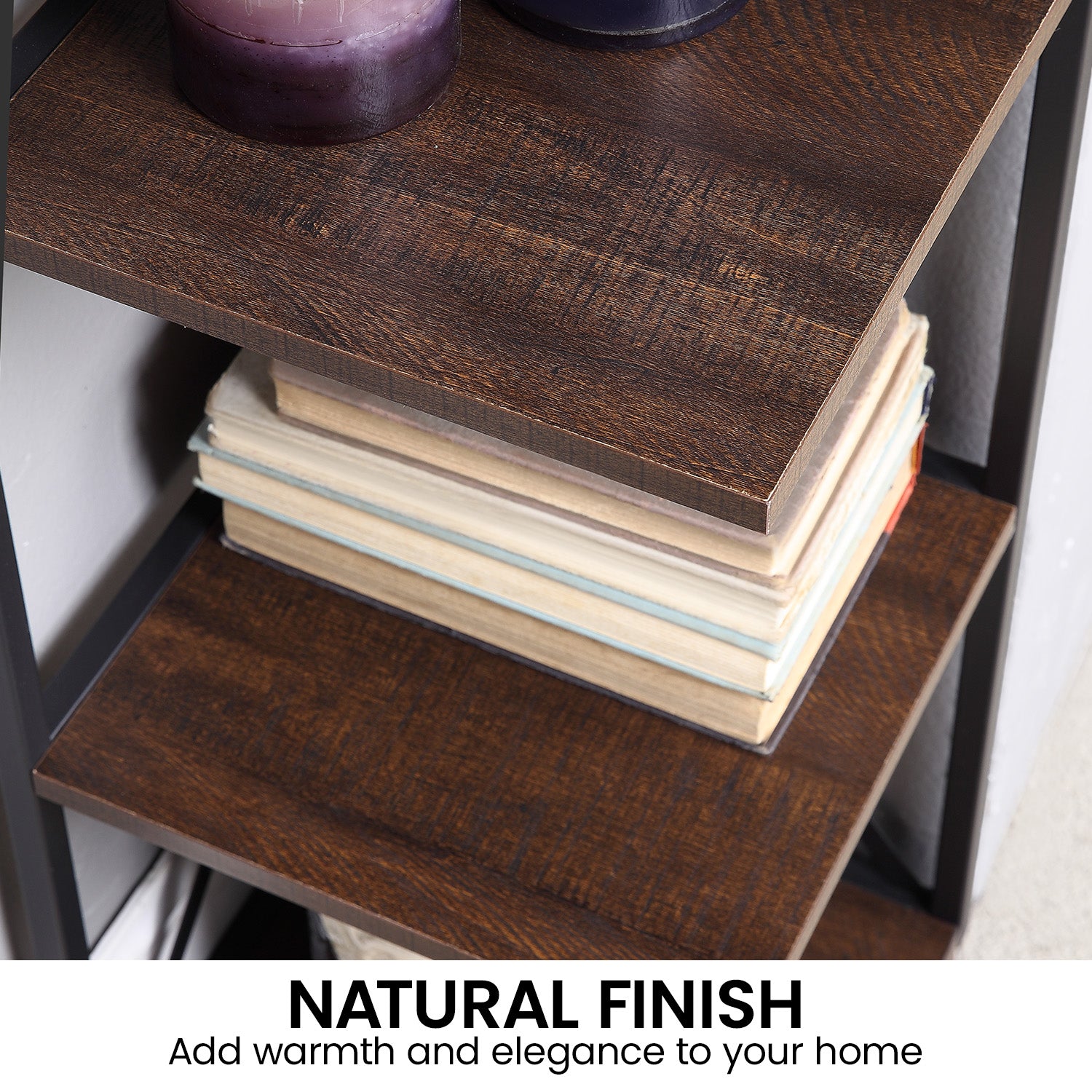 Sarantino Nora 5-Tier Corner Bookshelf in Walnut/Black