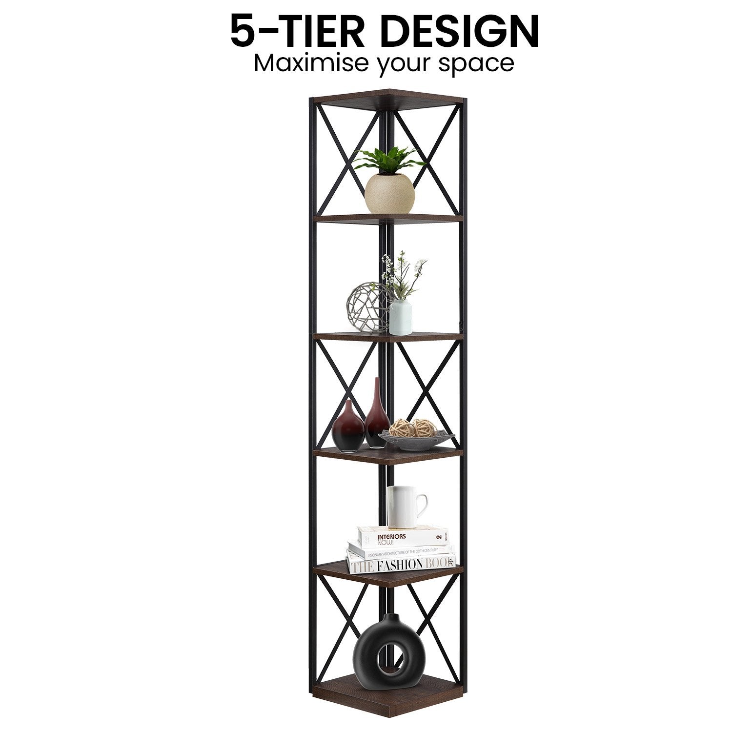 Sarantino Nora 5-Tier Corner Bookshelf in Walnut/Black