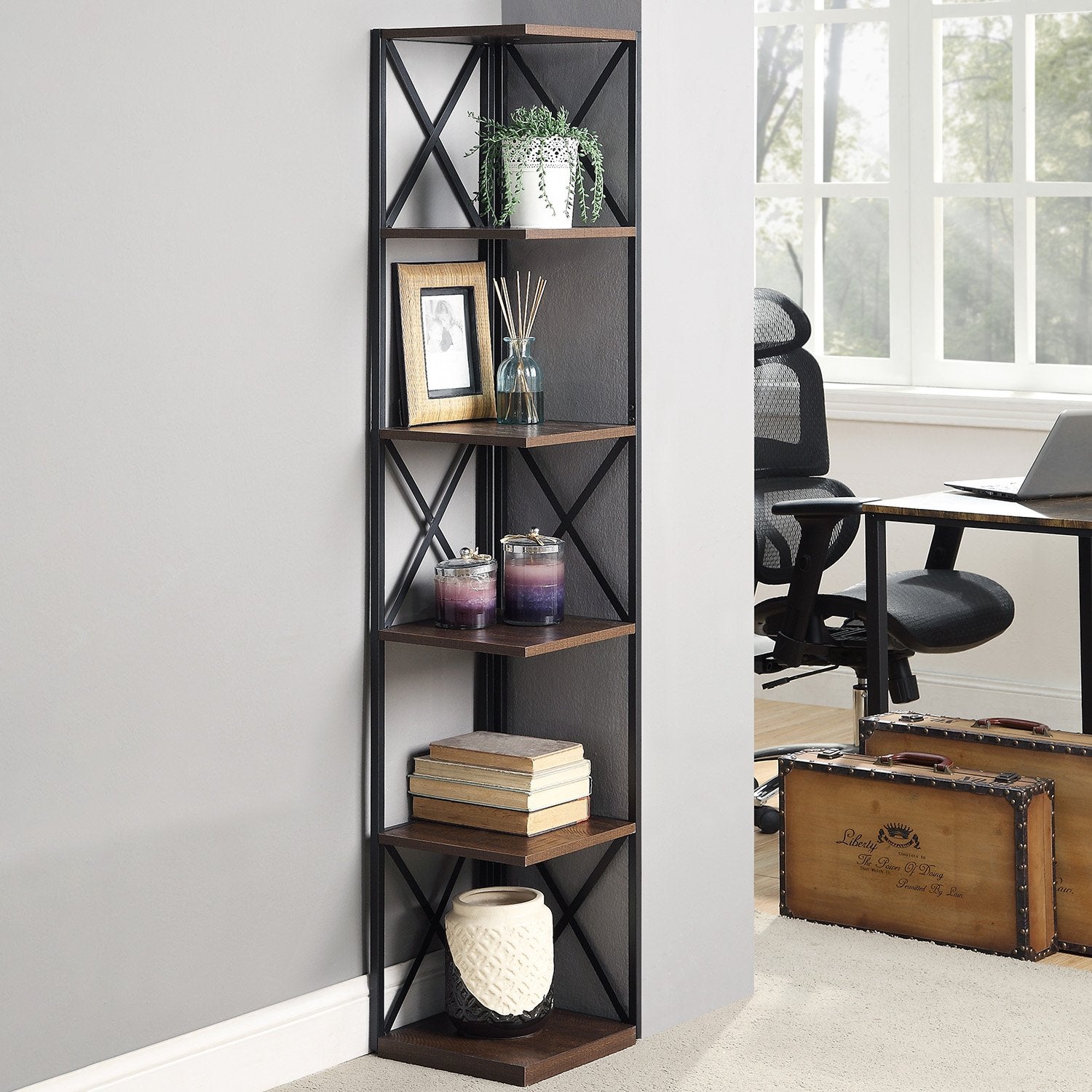 Sarantino Nora 5-Tier Corner Bookshelf in Walnut/Black
