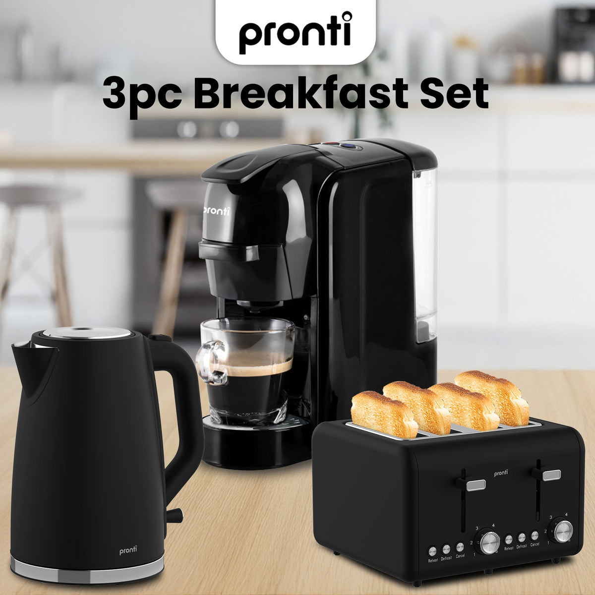 Pronti Breakfast Set with HomeMaid Coffee Machine, Silver Noir Toaster & Kettle