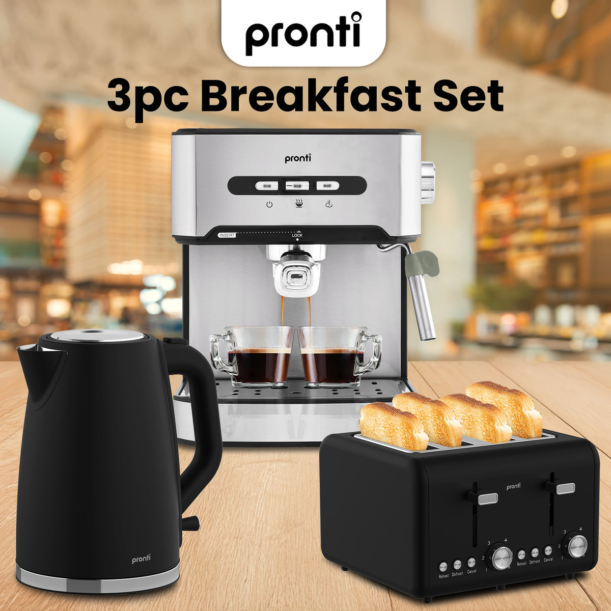 Pronti Breakfast Set with 1.6L Coffee Machine, Silver Noir Toaster & Kettle
