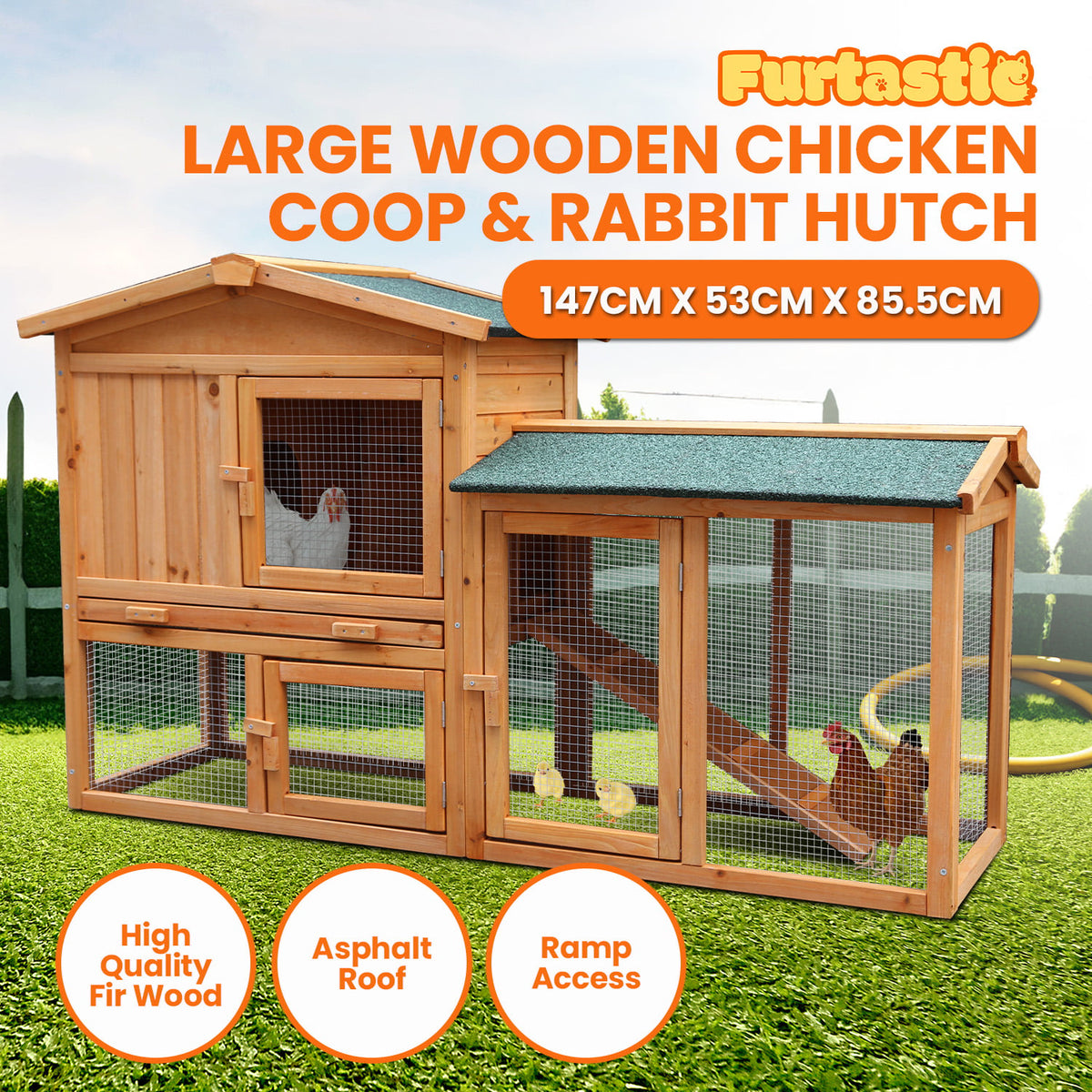 Furtastic Large Wooden Chicken Coop & Rabbit Hutch - 2 Tier Outdoor Small Animal House with Ramp & Pull Out Tray