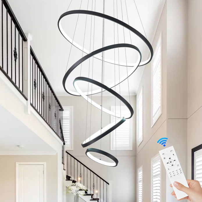 BAMDECOR A18801 Modern LED Chandelier, Dimmable Pendant Light with Remote Control Rings Round Ceiling Lighting Fixture 3 Color Temperatures Contemporary Chandeliers (5 Rings-Black)