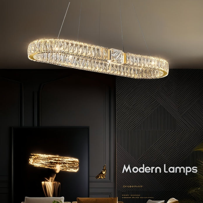 BAMDECOR C3319 Modern Linear Crystal Chandeliers Lighting Fixtures Contemporary Round Chandelier Lighting Fixtures Crystal Pendant Ceiling Lights(Gold-Oval 100cm)