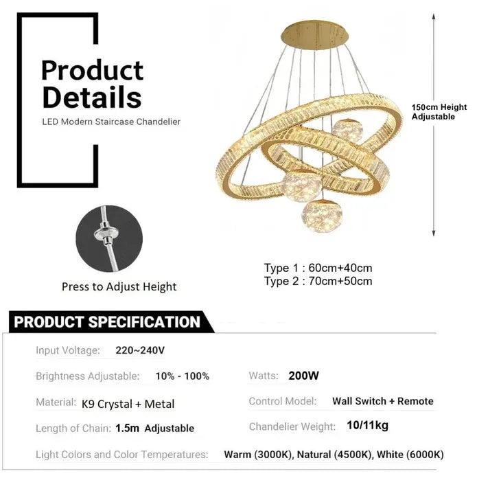 BAMDECOR C3335 Large Swirl Modern Crystal Ring Chandeliers Contemporary Round Chandelier Crystal Pendant Light(Gold-Two Rings)