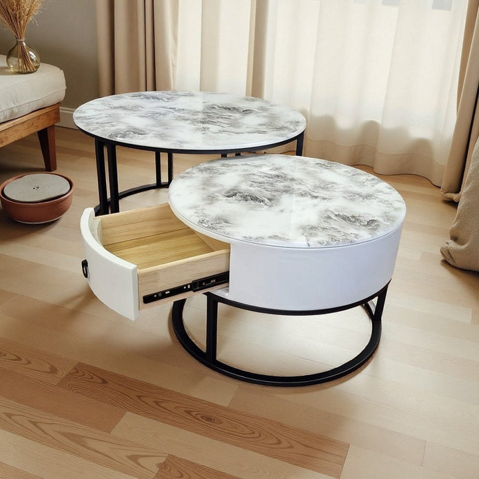 Snowy Mountain Faux Modern Marble Slate Nesting Coffee Table Set Leather Wrapped Wood Drawers