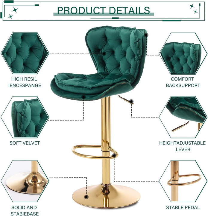 SERENITà Swivel Bar Stools Set of 2 Counter Height Barstools with Back Velvet Upholstered Adjustable Stool Chair Min Century Modern Bar Stool for Kitchen Island (Emerald Green)