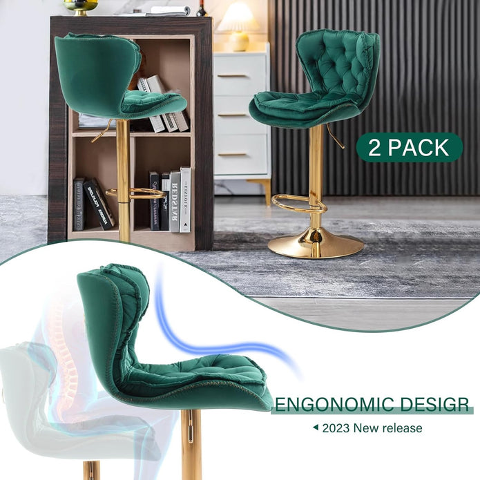SERENITà Swivel Bar Stools Set of 2 Counter Height Barstools with Back Velvet Upholstered Adjustable Stool Chair Min Century Modern Bar Stool for Kitchen Island (Emerald Green)
