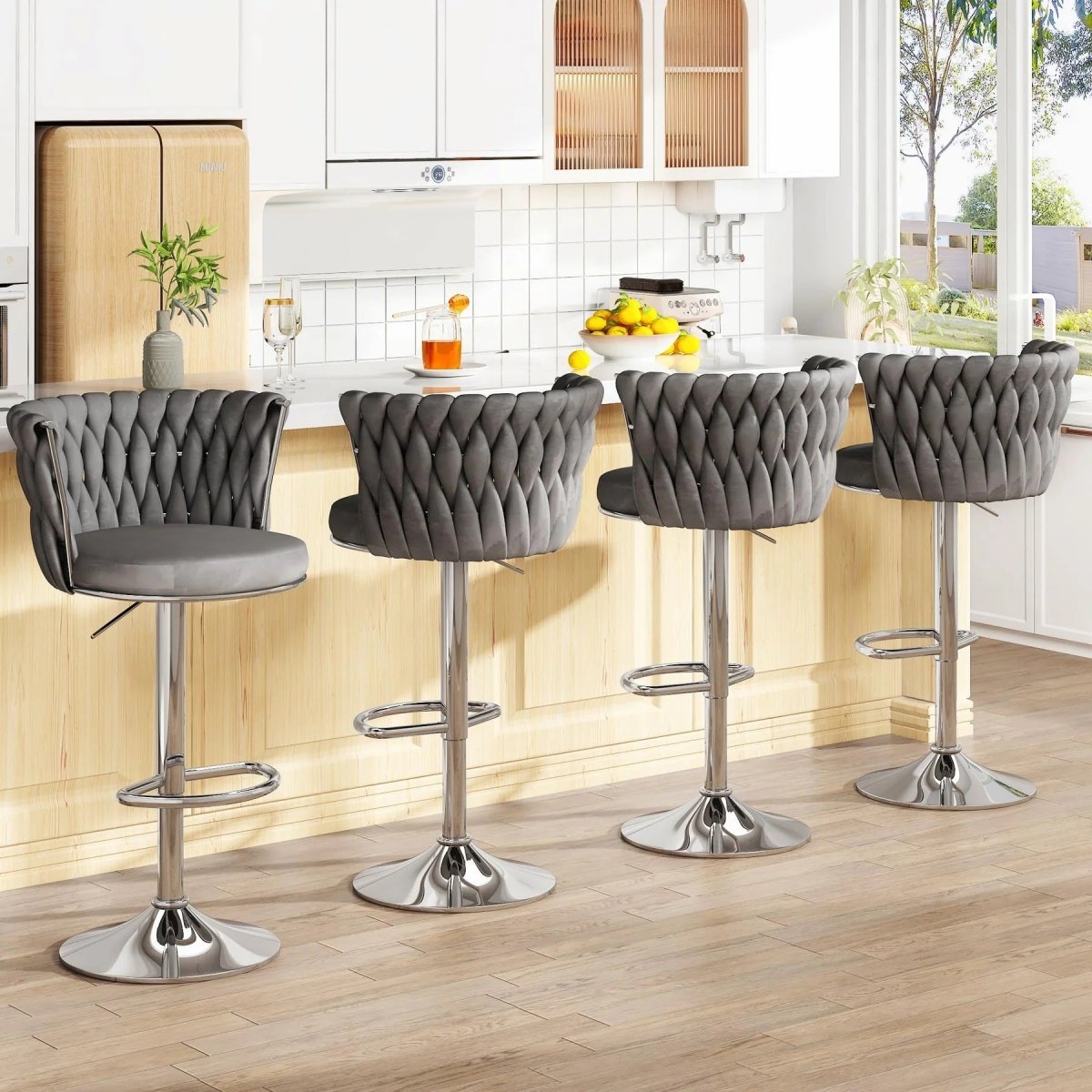 SERENITà Modern Silver Swivel Upholstered Velvet Adjustable Height Counter Stool with Metal Frame Grey (Set of 2)