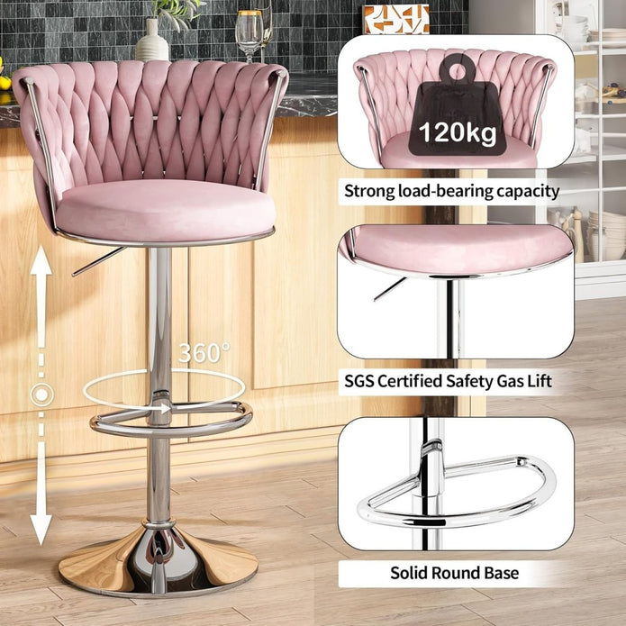 SERENITà Modern Silver Swivel Upholstered Velvet Adjustable Height Counter Stool with Metal Frame Pink (Set of 2)