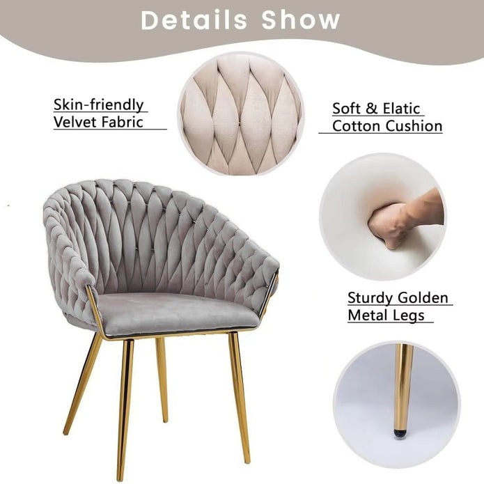 SERENITà Grey Modern Velvet Dining Chairs, Upholstered Living Room Chair with Woven Back and Golden Metal Legs, Mid-Century Accent Set of 2