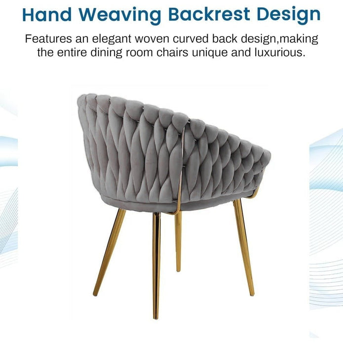 SERENITà Grey Modern Velvet Dining Chairs, Upholstered Living Room Chair with Woven Back and Golden Metal Legs, Mid-Century Accent Set of 2