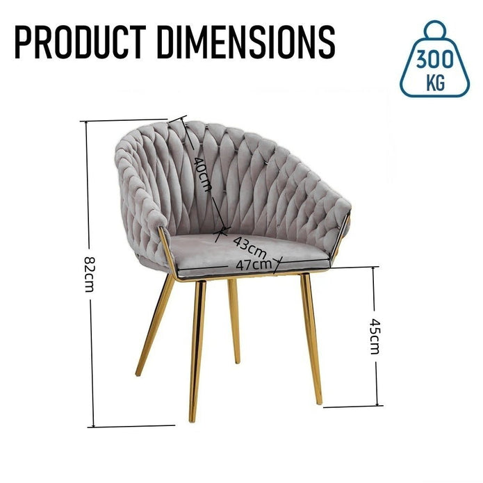 SERENITà Grey Modern Velvet Dining Chairs, Upholstered Living Room Chair with Woven Back and Golden Metal Legs, Mid-Century Accent Set of 2