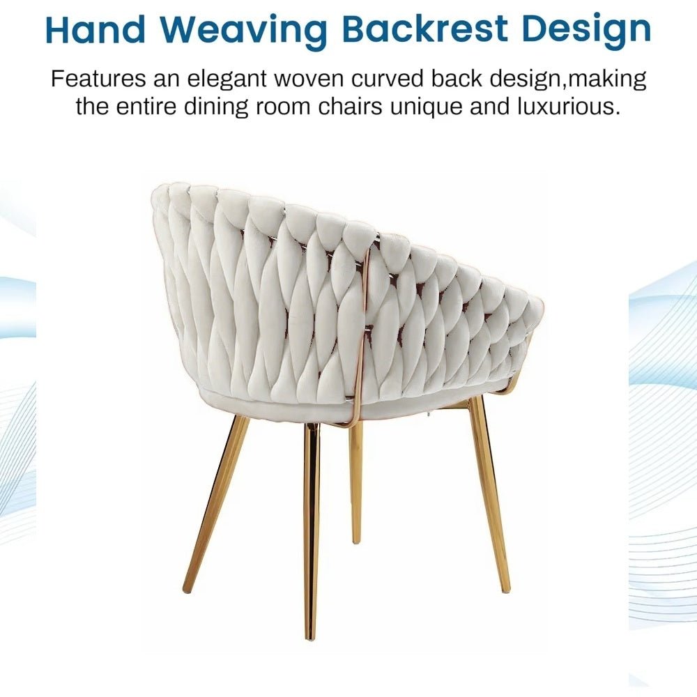 SERENITà Ivory Modern Velvet Dining Chairs, Upholstered Living Room Chair with Woven Back and Golden Metal Legs, Mid-Century Accent Set of 2