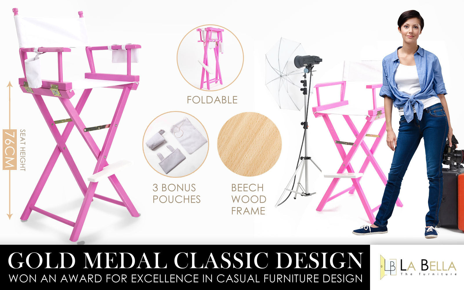 La Bella Pink Folding Tall Chair DARK HUMOR Movie Director 75cm