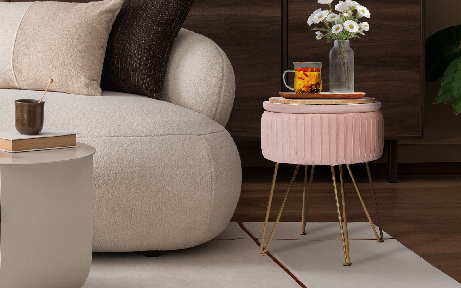 Side Table Storage Ottoman - Velvet Padded Stool Vanity Footstool REMY PINK