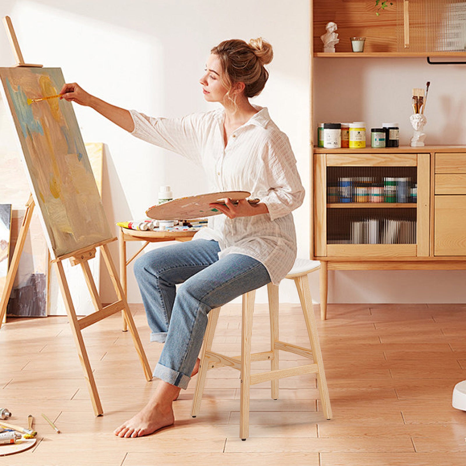 4X Wooden Bar Stool Padded Fabric Dining Chair KANSO 65cm BEIGE