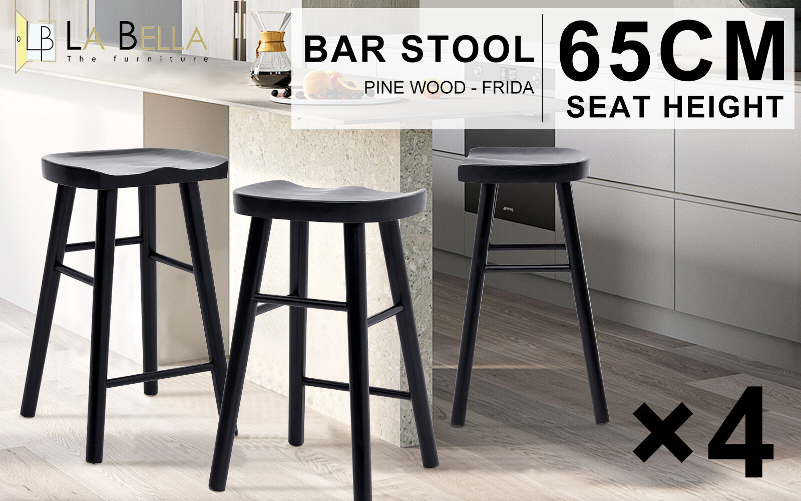 4X Wooden Bar Stool Dining Chair Pine Wood FRIDA 65cm BLACK