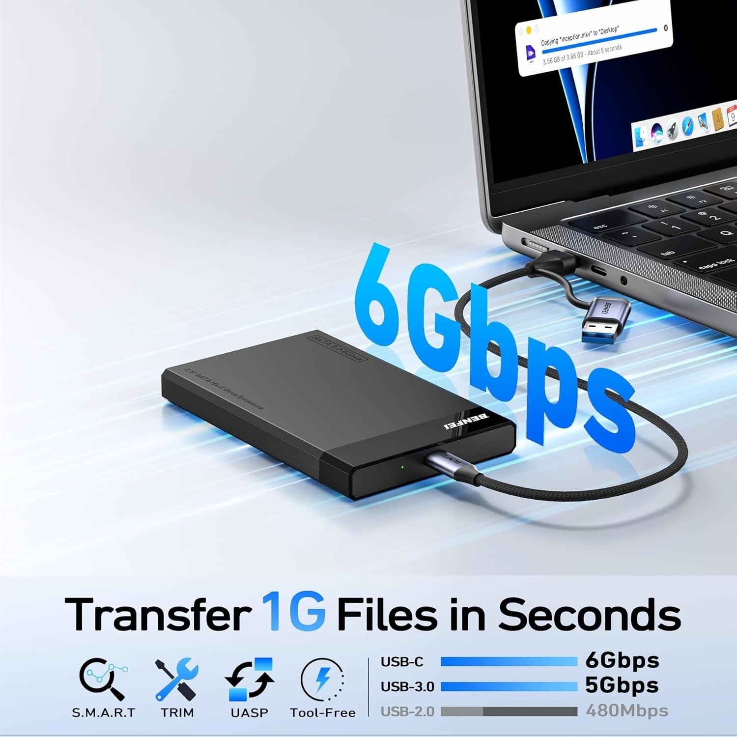 BENFEI 000385BK 2.5 Inch SATA to USB-A + USB-C Tool Free External Hard Drive Enclosure (6Gbps, Optimized for SSD, Support UASP SATA III)