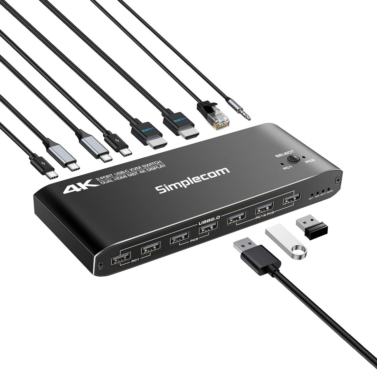 Simplecom KM590 2-Port USB-C Dual 4K HDMI Monitor KVM Switch and Docking Station with Network Sharing