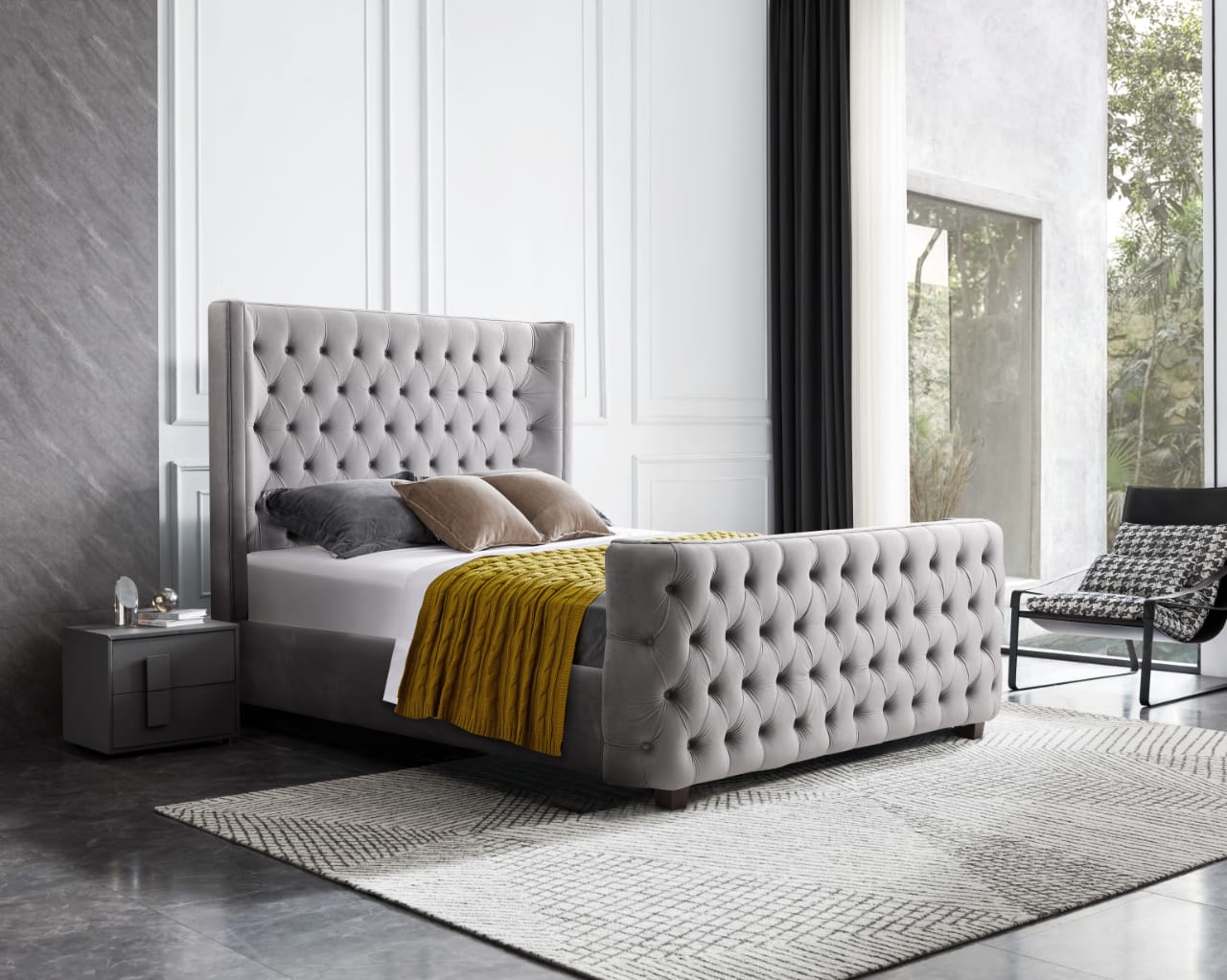 Milan Grey Velvet Tufted Headboard and End board Bed Frame - King Size