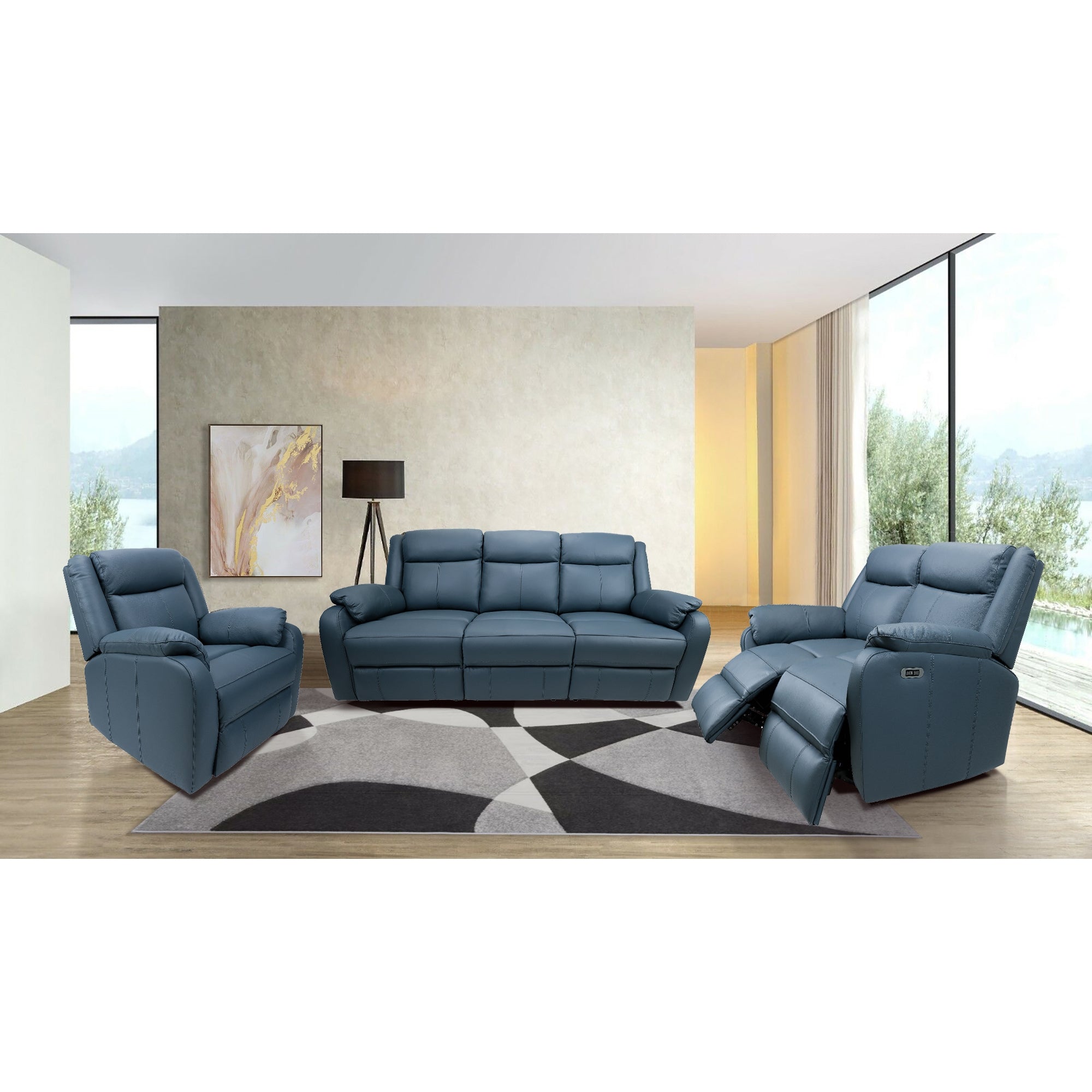 Bella 3 Seater Electric Recliner Genuine Leather Upholstered Lounge - Blue