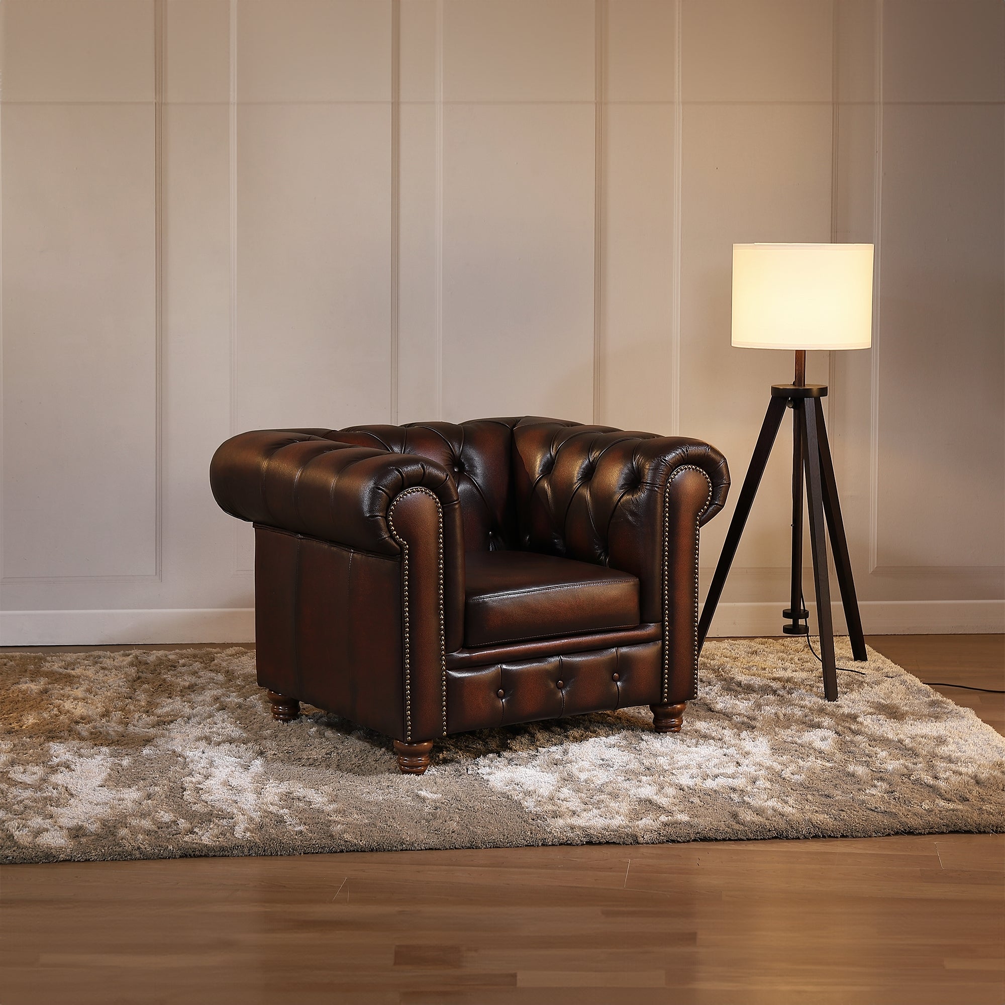 Max Chesterfield Armchair Single Seater Sofa Genuine Leather Antique Brown