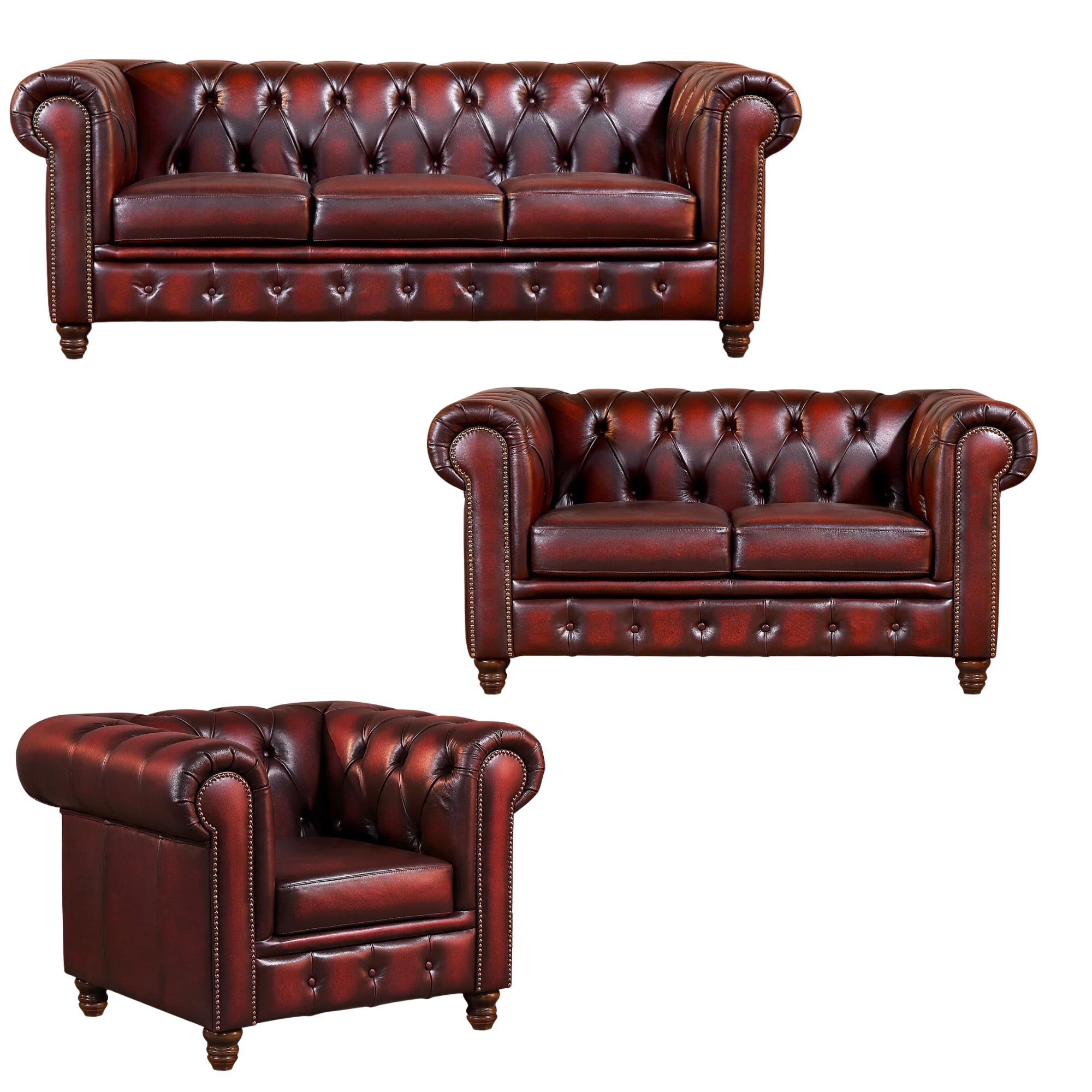 Max Chesterfield 1+2+3 Seater Sofa Set Lounge Genuine Leather Antique Red