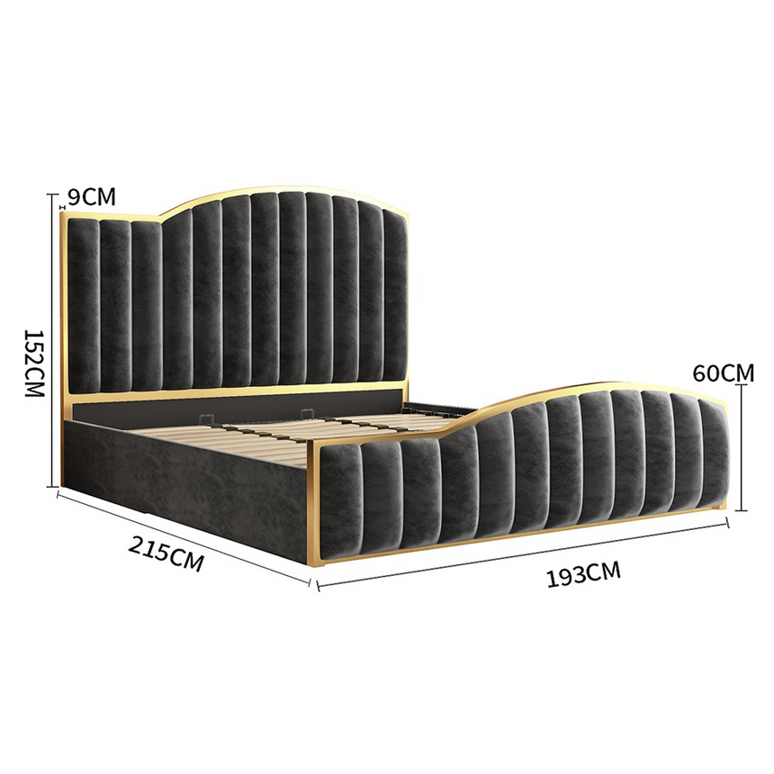 Elegant King Bedframe Charcoal Velvet Fabric with Gas Lift Storage and Golden Trim