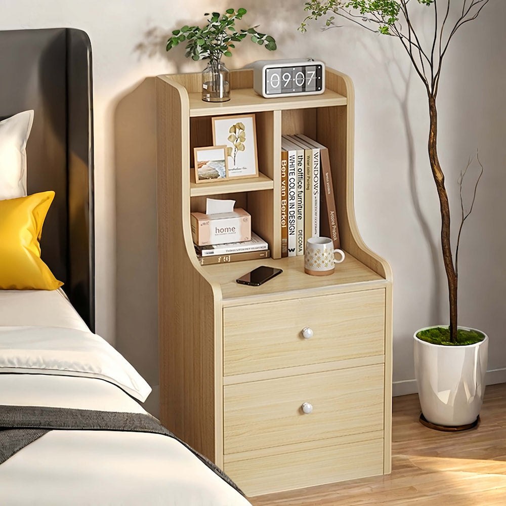 Minimalist Wooden Nightstand Multi-Functional Top Storage Natural Design