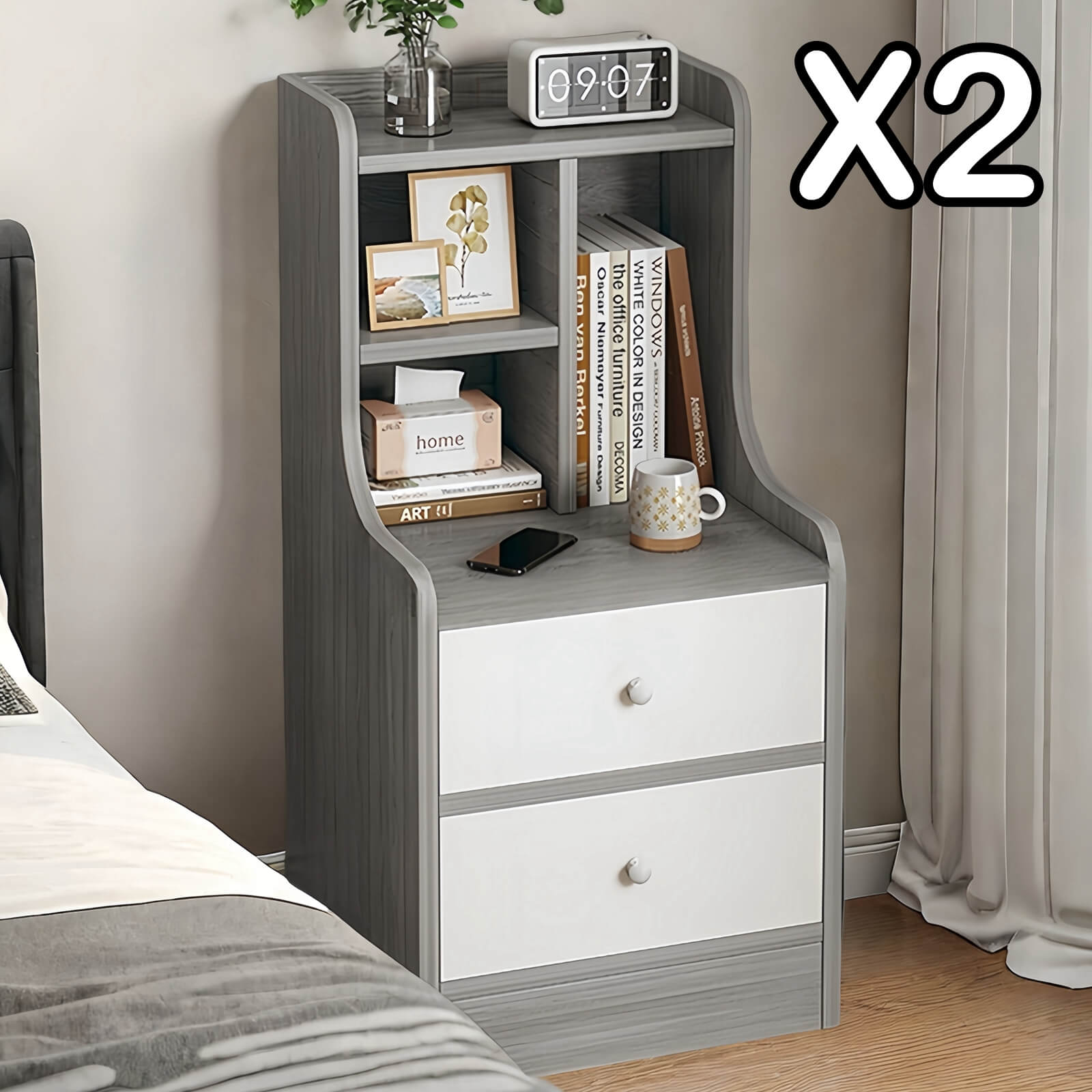 2x Bedside table pair with drawers, eco-friendly, modern design, curved sides