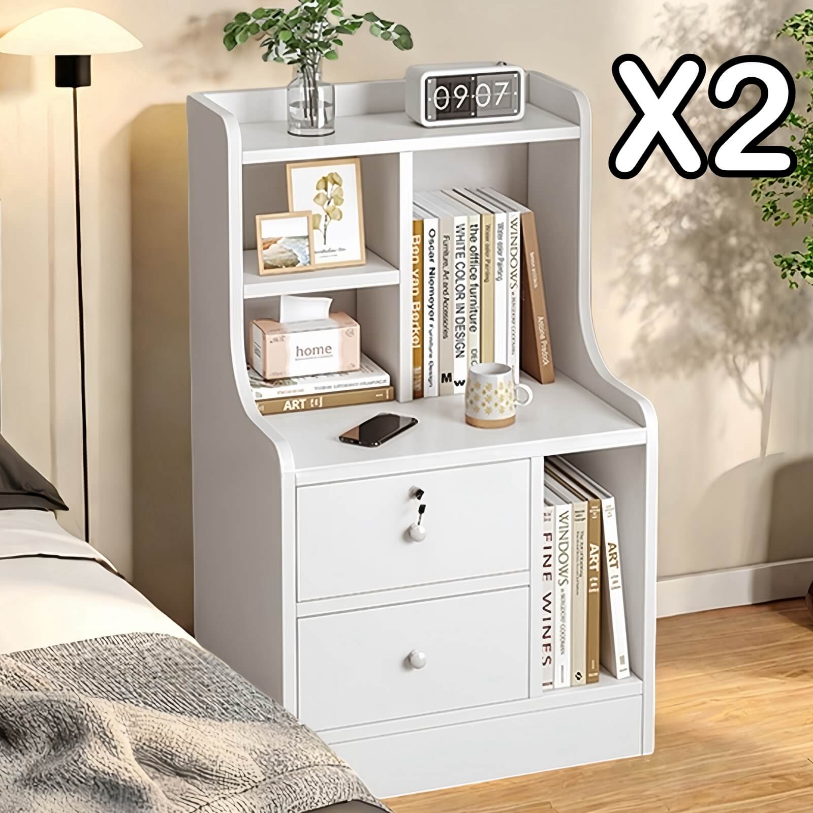 2x Bedside table set modern minimalist lockable drawer open storage unit