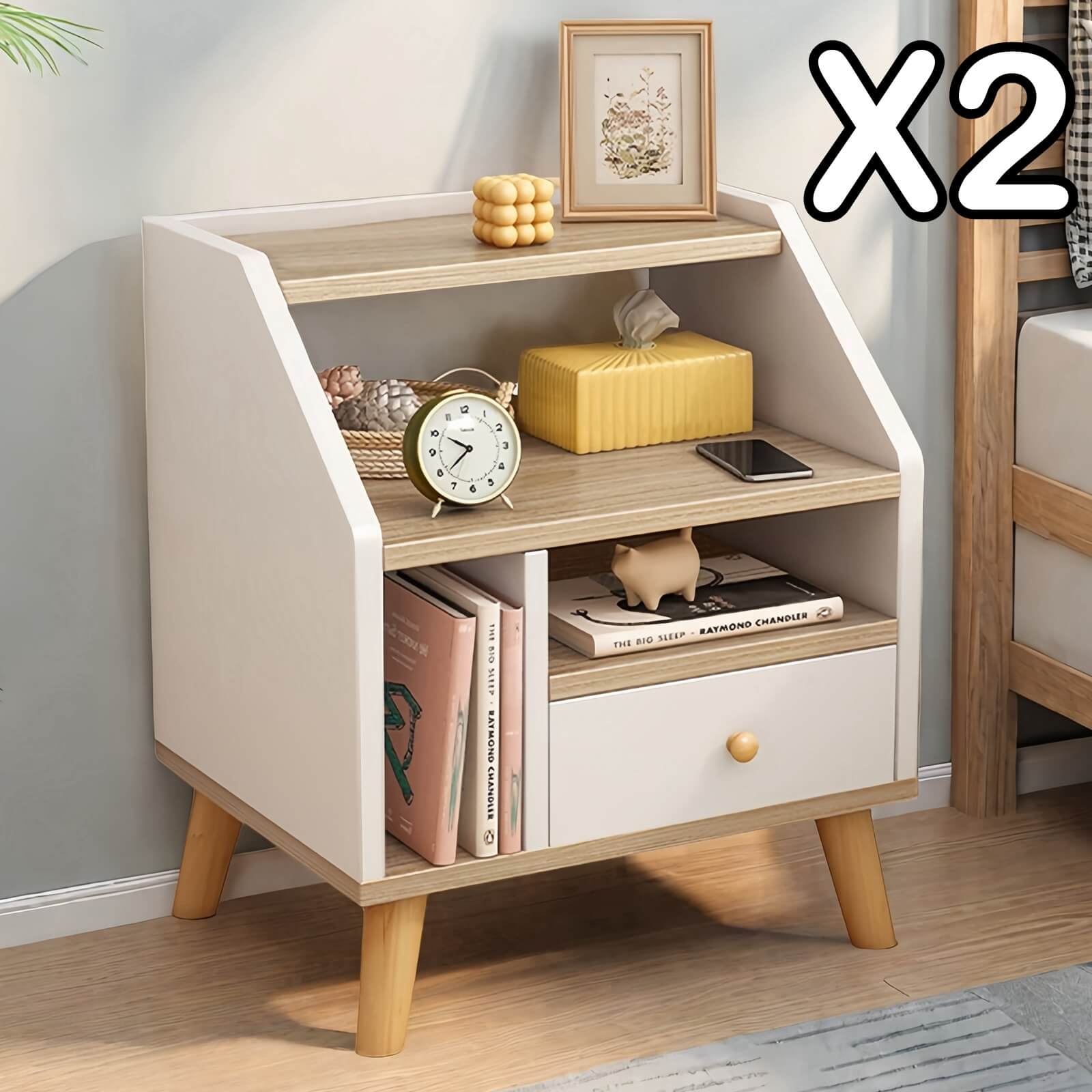 2x bedside table set wooden drawer natural white wood grain furniture