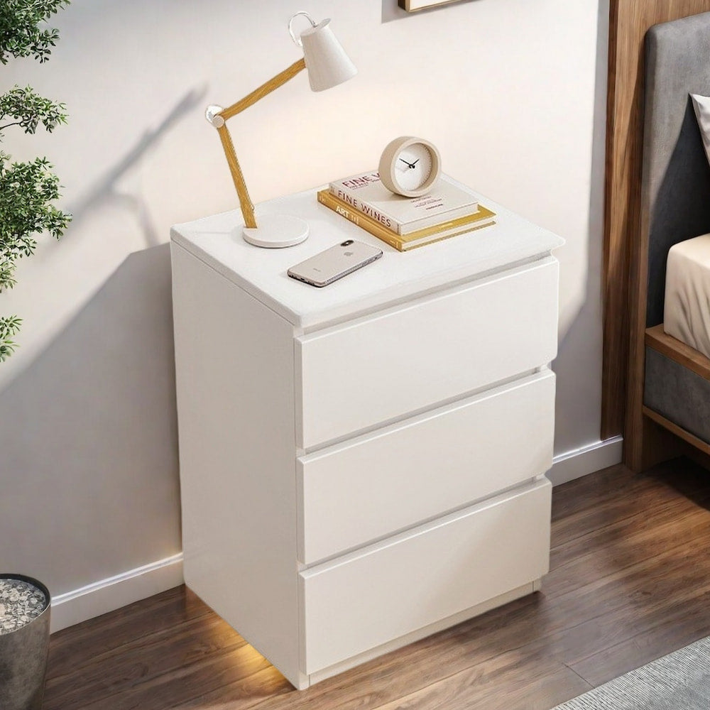 Modern Nightstand Warm White Triple Drawer Finger Pull Geometric Clean Lines