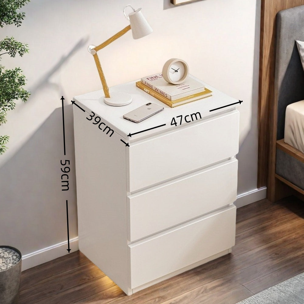 Modern Nightstand Warm White Triple Drawer Finger Pull Geometric Clean Lines